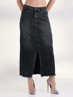 SHOWOFF - Women Black Pencil Maxi Denim Front Slit Skirt