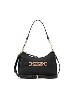 Guess - Celestia Black Zipper Textured Baguette Shoulder Bag with Detachable Strap