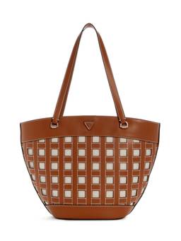 Guess - Frankie Brown Women Snap Button Checks Printed Tote Bag