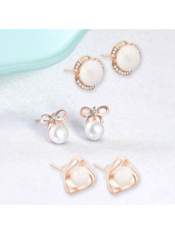 Zaveri Pearls - Set of 3 Rose Gold Contemporary Cubic Zirconia Stud Earrings-ZPFK13489