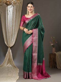 Akhilam - Womens Aura Silk Green Woven Designer Saree with Unstitched Blouse