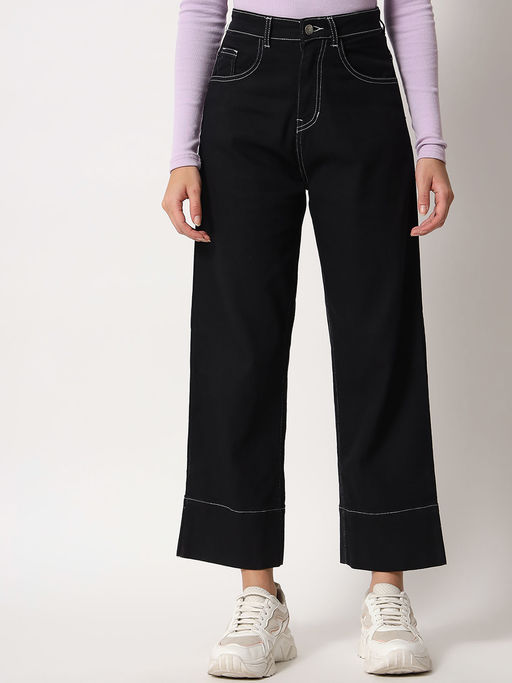 KOTTY Women's Cotton Lycra Blend Straight Fit High Rise Black Jeans