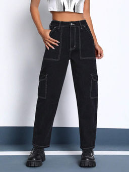 KOTTY - Women's Solid High Waist Cargo Black Jeans