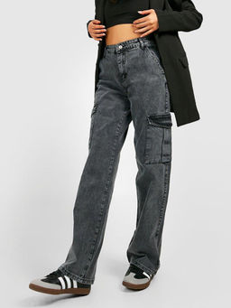 KOTTY - Women's Solid High Waist Cargo Grey Jeans