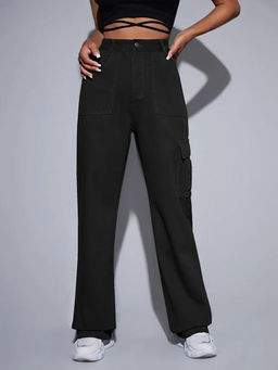 KOTTY - Women's Solid High Waist Cargo Black Jeans