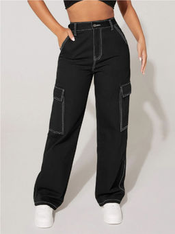 KOTTY - Women's Solid High Waist Cargo Black Jeans