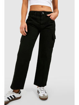 KOTTY - Women's Solid High Waist Cargo Black Jeans
