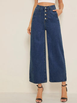 KOTTY - Dark Blue Cotton Lycra Flared High Rise Women's Jeans