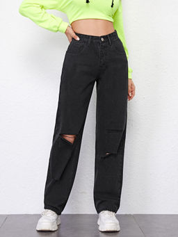 KOTTY - White Cotton Lycra Straight Fit High Rise Women's Regular Length Black Jeans
