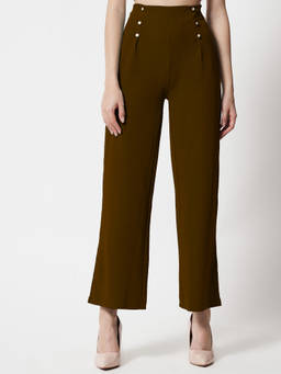KOTTY - Women's Solid Polyester Blend Mocha Brown Trouser