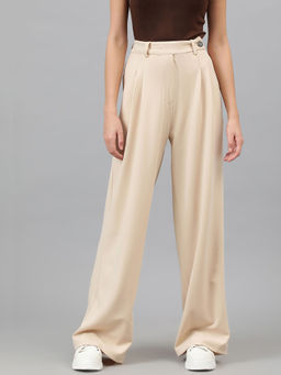 KOTTY - Women's Regular Fit Cross Pocket Solid Beige Trouser