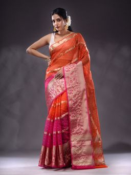 CHARUKRITI - Orange And Fuchsia Saree With Nakshi Designs & Stripe Pattern with Unstitched Blouse