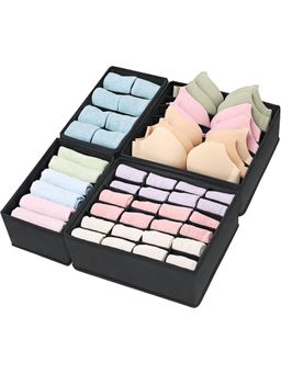 House of Quirk - Fabric Set Of 4 Foldable Storage Box Drawer Divider Organizer Closet Storage - Black