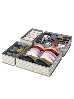 House of Quirk - Fabric Set Of 4 Foldable Storage Box Drawer Divider Organizer Closet Storage - Grey
