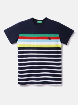 United Colors of Benetton - Cotton Striped Round Neck Boys Navy Blue T-shirts