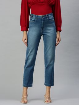 SHOWOFFFF - Women Low Distress Blue Straight Fit Denim Jeans