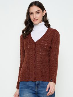 Creative Line - Brown Self Design Knitted Cardigan