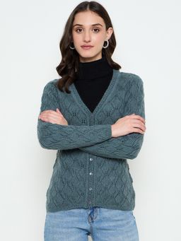 Creative Line - Green Self Design Knitted Cardigan