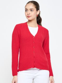 Creative Line - Red Self Design Knitted Cardigan