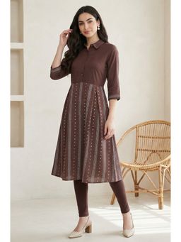 W - Dark Brown Geometric Print Kurta