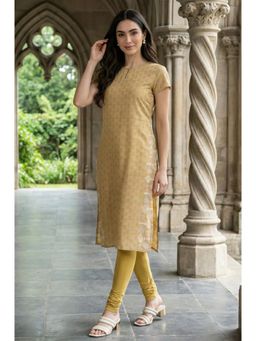 W - Yellow Floral Printed Short Sleeves Straight Rayon Kurta