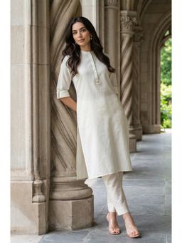 W - Mandarin Collar Cotton Blend Straight Kurta White