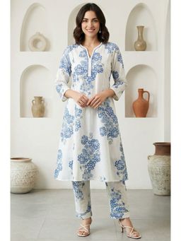 W - Floral Printed Pure Cotton Flared White Kurta & Pant (Set of 2)