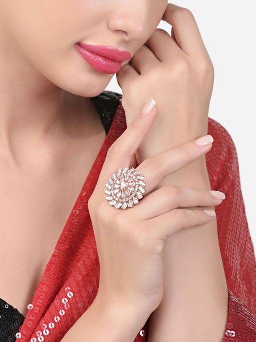 Zaveri Pearls Rose Gold Cubic Zirconia Party Bling Statement Brass Ring-ZPFK15425