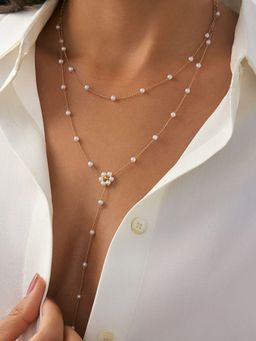 AQUASTREET - Gold Plated Anti-Tarnish Floral Faux Pearl Lariat Long Layered Necklace