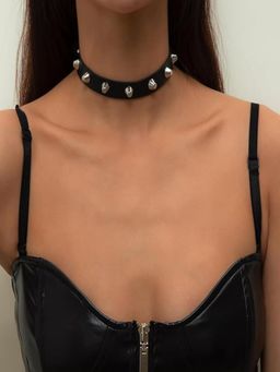 AQUASTREET - Black Faux Leather With Metal Spike Choker Necklace