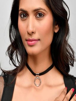 AQUASTREET - Silver Plated Black Faux Leather With Round Pendant Choker Necklace
