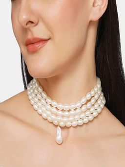 AQUASTREET - Multi Layered Oval White Faux Pearl Drop Choker Necklace