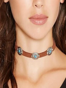 AQUASTREET - Brown Retro Suede Oval Design Choker Necklace