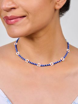 AQUASTREET - Bohemian Style Blue And White Beads Floral Beaded Choker Necklace
