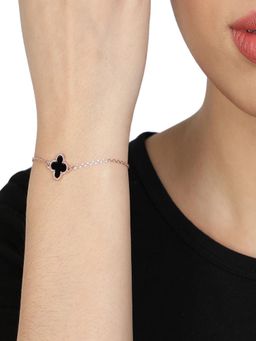 AQUASTREET - Rose Gold-Plated Black Enamelled Clover Charm Bracelet