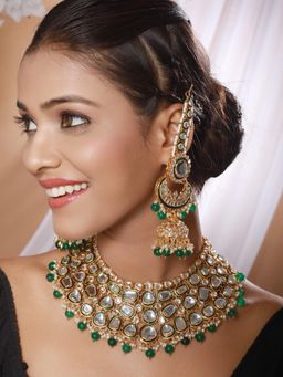 Aatmana - Gold-Plated Green And White Kundan-Studded And Beaded Handcrafted Jewellery Set