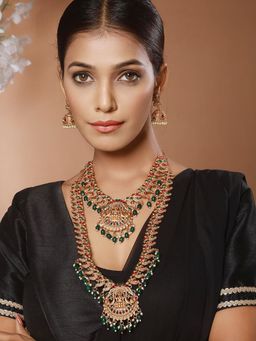 Aatmana - Green Kemp Beaded Gold-Plated Peacock Shaped Temple Pack of 2 Choker With Earrings