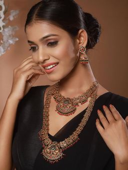 Aatmana - Green And Red Beaded Gold-Plated Peacock Shaped Temple Pack of 2 Choker With Earrings