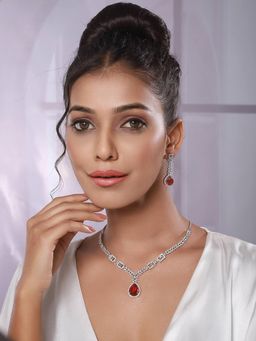 Aatmana - Silver-Plated Red Ad-Studded Jewellery Set