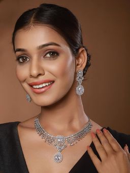 Aatmana - Rhodium-Plated Green American Diamond Studded Handcrafted Jewellery Set