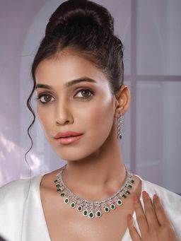 Aatmana - Rhodium-Plated Green American Diamond Studded Handcrafted Jewellery Set