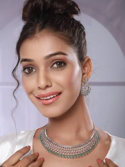 Aatmana - Silver Plated Green Ad And Cz-Studded Contemporary Jewellery Set