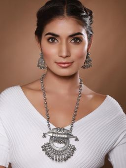 Aatmana - Oxidised Silver-Plated Artificial Stone Beaded Peacock Shaped Jewellery Set