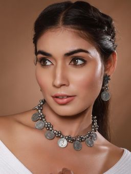 Aatmana - Oxidised Silver-Plated Coin And Beaded Jewellery Set