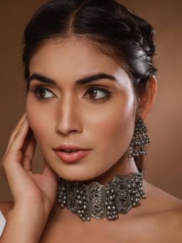 Aatmana - Silver-Plated And Beaded Oxidized Floral Choker Jewellery Set