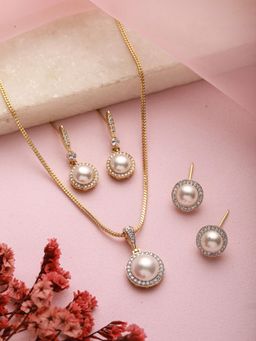 Aatmana - Gold-Plated White Pearl And Ad Studded Chain Pendent With 2 Pair of Earring Set