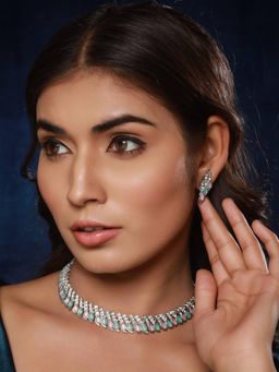 Aatmana - Silver-Plated Mint Green And Pink Stone And Cz Studded Jewellery Set