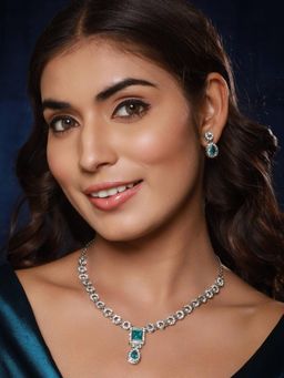Aatmana - Rhodium-Plated Green Stone And Cz Studded Jewellery Set
