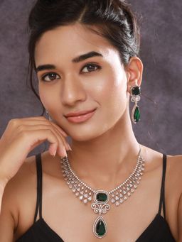 Aatmana - Rhodium-Plated Green American Diamonds-Studded Handcrafted Jewellery Set