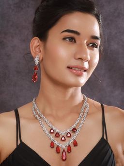 Aatmana - Rhodium Plated And Red American Diamond Stone Studded 2-Lined Layered Jewellery Set